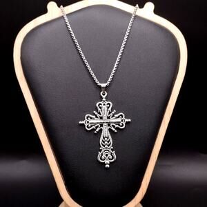 Silver Box Chain Necklace w/ Ornate Cross Unisex Birthday Anniversary Gift NEW